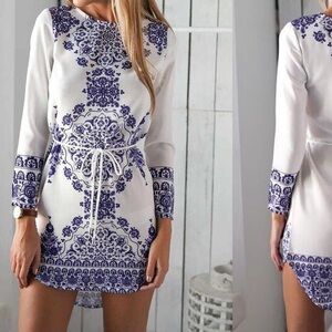 *Reposh* White & Blue Printed Mini Dress with Tie Waist